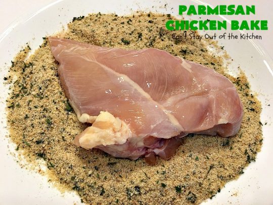 Parmesan Chicken Bake | Can't Stay Out of the Kitchen | this is by far my favorite #chicken entree. It can be oven ready in 5 minutes so it's incredibly quick & easy. It's terrific for company or #holiday dinners like #Easter, #MothersDay or #FathersDay too. We love this #recipe. #parmesancheese