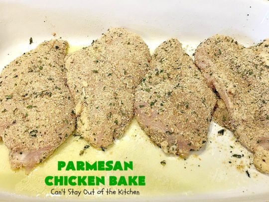 Parmesan Chicken Bake | Can't Stay Out of the Kitchen | this is by far my favorite #chicken entree. It can be oven ready in 5 minutes so it's incredibly quick & easy. It's terrific for company or #holiday dinners like #Easter, #MothersDay or #FathersDay too. We love this #recipe. #parmesancheese