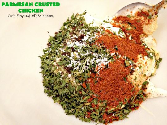Parmesan Crusted Chicken | Can't Stay Out of the Kitchen | this amazing #chicken entree is flavored with a #parmesancheese & #GreekYogurt coating & seasoned to perfection. The chicken is then dredged in #breadcrumbs or #panko crumbs. 