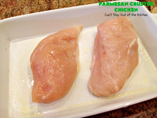 Parmesan Crusted Chicken | Can't Stay Out of the Kitchen | this amazing #chicken entree is flavored with a #parmesancheese & #GreekYogurt coating & seasoned to perfection. The chicken is then dredged in #breadcrumbs or #panko crumbs. 