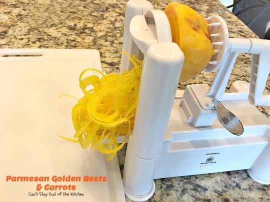 Parmesan Golden Beets and Carrots | Can't Stay Out of the Kitchen | this is a delightful way to serve #beets. Spiralizing the #veggies is a terrific way to get your kids to eat this healthy veggie. Great #holiday side dish, too. #glutenfree #parmesancheese