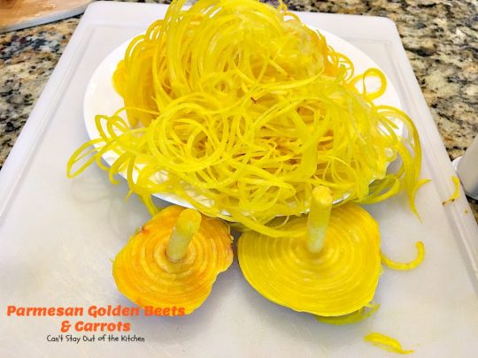 Parmesan Golden Beets and Carrots | Can't Stay Out of the Kitchen | this is a delightful way to serve #beets. Spiralizing the #veggies is a terrific way to get your kids to eat this healthy veggie. Great #holiday side dish, too. #glutenfree #parmesancheese