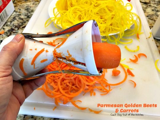 Parmesan Golden Beets and Carrots | Can't Stay Out of the Kitchen | this is a delightful way to serve #beets. Spiralizing the #veggies is a terrific way to get your kids to eat this healthy veggie. Great #holiday side dish, too. #glutenfree #parmesancheese