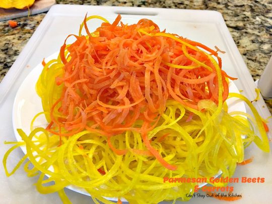 Parmesan Golden Beets and Carrots | Can't Stay Out of the Kitchen | this is a delightful way to serve #beets. Spiralizing the #veggies is a terrific way to get your kids to eat this healthy veggie. Great #holiday side dish, too. #glutenfree #parmesancheese