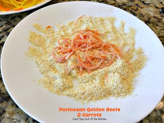 Parmesan Golden Beets and Carrots | Can't Stay Out of the Kitchen | this is a delightful way to serve #beets. Spiralizing the #veggies is a terrific way to get your kids to eat this healthy veggie. Great #holiday side dish, too. #glutenfree #parmesancheese