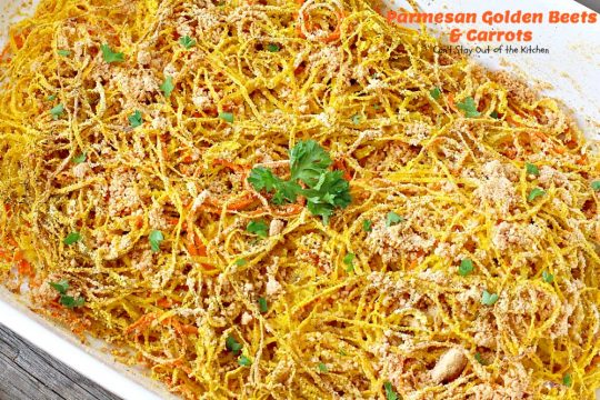 Parmesan Golden Beets and Carrots | Can't Stay Out of the Kitchen | this is a delightful way to serve #beets. Spiralizing the #veggies is a terrific way to get your kids to eat this healthy veggie. Great #holiday side dish, too. #glutenfree #parmesancheese