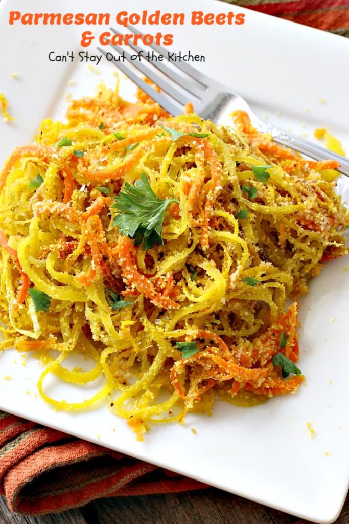 Parmesan Golden Beets and Carrots | Can't Stay Out of the Kitchen | this is a delightful way to serve #beets. Spiralizing the #veggies is a terrific way to get your kids to eat this healthy veggie. Great #holiday side dish, too. #glutenfree #parmesancheese