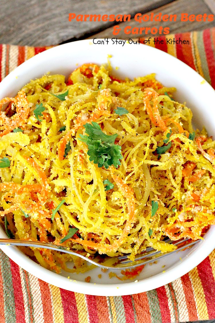 Parmesan Golden Beets and Carrots | Can't Stay Out of the Kitchen | this is a delightful way to serve #beets. Spiralizing the #veggies is a terrific way to get your kids to eat this healthy veggie. Great #holiday side dish, too. #glutenfree #parmesancheese