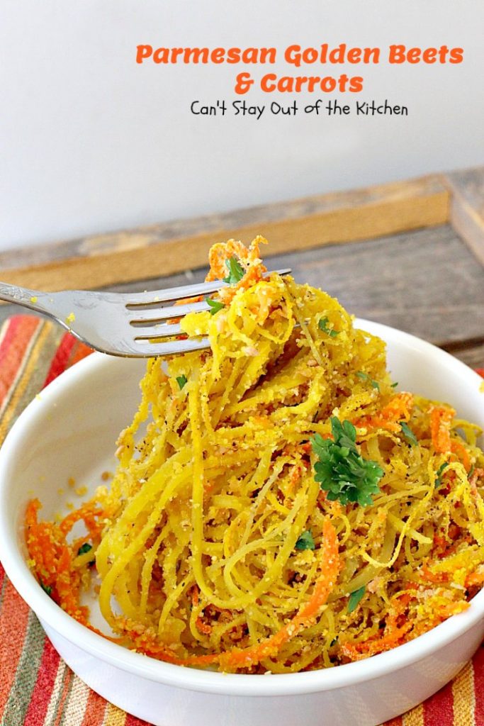 Parmesan Golden Beets and Carrots | Can't Stay Out of the Kitchen | this is a delightful way to serve #beets. Spiralizing the #veggies is a terrific way to get your kids to eat this healthy veggie. Great #holiday side dish, too. #glutenfree #parmesancheese