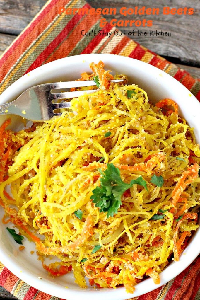 Parmesan Golden Beets and Carrots | Can't Stay Out of the Kitchen | this is a delightful way to serve #beets. Spiralizing the #veggies is a terrific way to get your kids to eat this healthy veggie. Great #holiday side dish, too. #glutenfree #parmesancheese