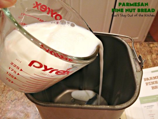 Parmesan Pine Nut Bread | Can't Stay Out of the Kitchen | this delicious #Italian style #bread is heavenly. It contains #PineNuts, #ItalianSeasoning & #ParmesanCheese. Because it's made in the #Breadmaker it's quick & easy to prepare. Terrific #DinnerBread for company or #holidays. #HomemadeBread #ParmesanPineNutBread