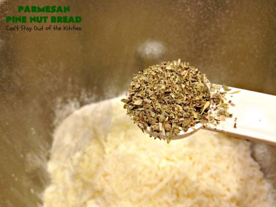 Parmesan Pine Nut Bread | Can't Stay Out of the Kitchen | this delicious #Italian style #bread is heavenly. It contains #PineNuts, #ItalianSeasoning & #ParmesanCheese. Because it's made in the #Breadmaker it's quick & easy to prepare. Terrific #DinnerBread for company or #holidays. #HomemadeBread #ParmesanPineNutBread