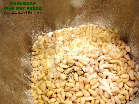 Parmesan Pine Nut Bread | Can't Stay Out of the Kitchen | this delicious #Italian style #bread is heavenly. It contains #PineNuts, #ItalianSeasoning & #ParmesanCheese. Because it's made in the #Breadmaker it's quick & easy to prepare. Terrific #DinnerBread for company or #holidays. #HomemadeBread #ParmesanPineNutBread
