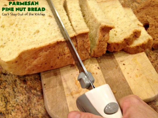 Parmesan Pine Nut Bread | Can't Stay Out of the Kitchen | this delicious #Italian style #bread is heavenly. It contains #PineNuts, #ItalianSeasoning & #ParmesanCheese. Because it's made in the #Breadmaker it's quick & easy to prepare. Terrific #DinnerBread for company or #holidays. #HomemadeBread #ParmesanPineNutBread 