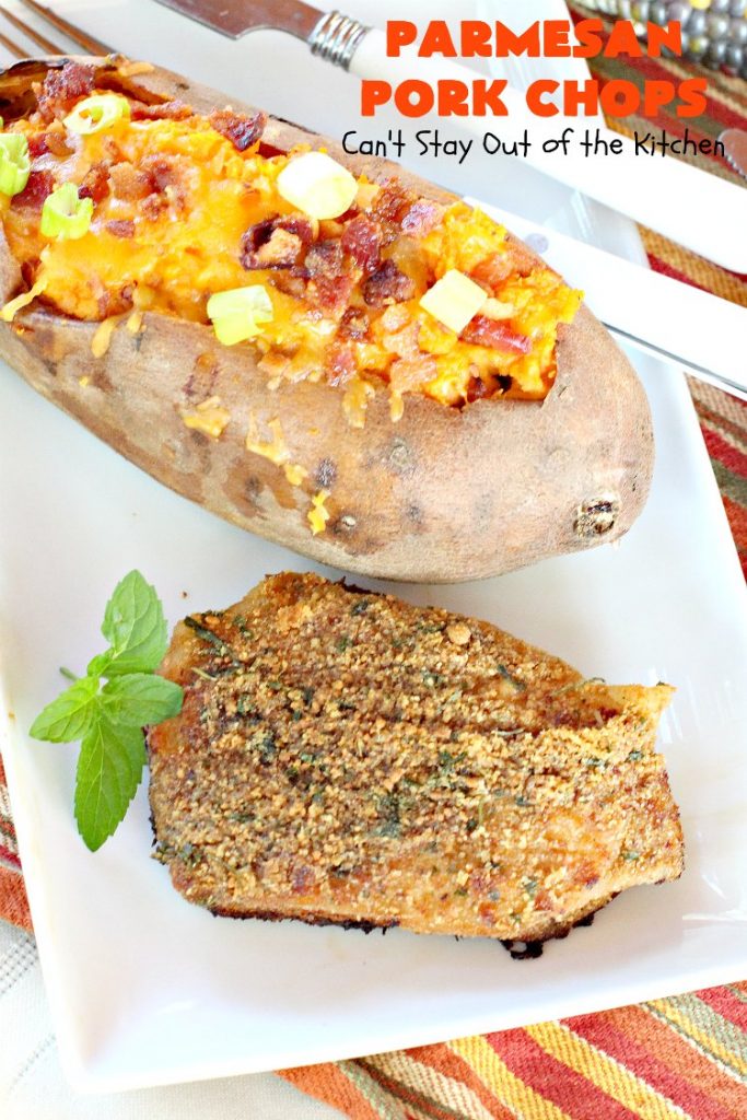 Parmesan Pork Chops | Can't Stay Out of the Kitchen | this easy 6-ingredient #porkchop dish can be oven ready in 5 minutes! The coating is absolutely mouthwatering. It's terrific for company or #holiday meals like #MothersDay or #FathersDay. #pork