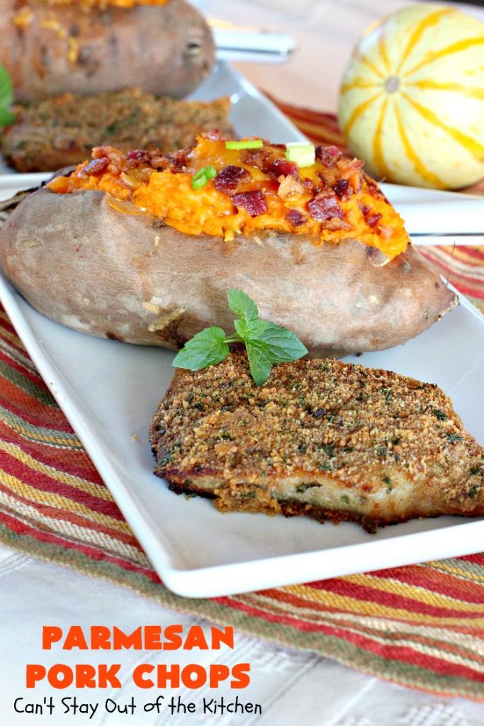 Parmesan Pork Chops | Can't Stay Out of the Kitchen | this easy 6-ingredient #porkchop dish can be oven ready in 5 minutes! The coating is absolutely mouthwatering. It's terrific for company or #holiday meals like #MothersDay or #FathersDay. #pork