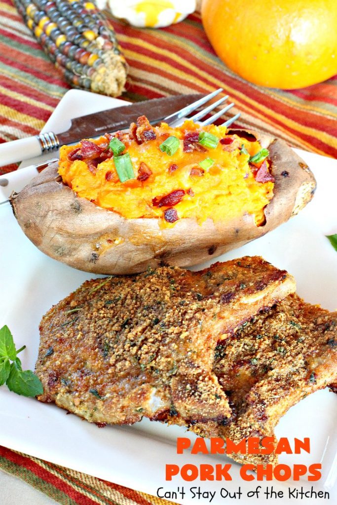 Parmesan Pork Chops | Can't Stay Out of the Kitchen | this easy 6-ingredient #porkchop dish can be oven ready in 5 minutes! The coating is absolutely mouthwatering. It's terrific for company or #holiday meals like #MothersDay or #FathersDay. #pork