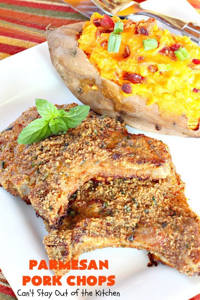 Parmesan Pork Chops | Can't Stay Out of the Kitchen | this easy 6-ingredient #porkchop dish can be oven ready in 5 minutes! The coating is absolutely mouthwatering. It's terrific for company or #holiday meals like #MothersDay or #FathersDay. #pork