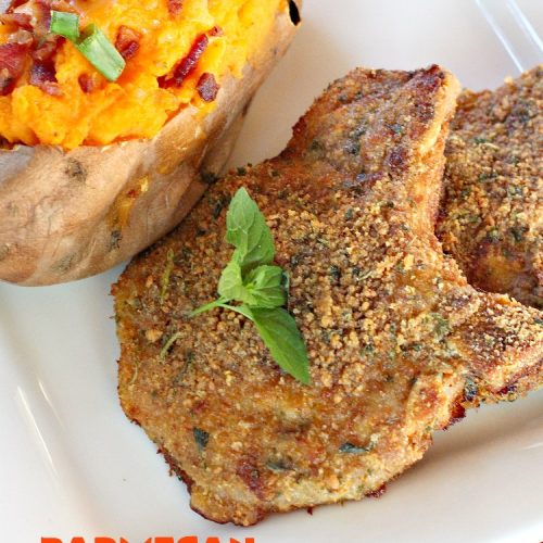 Parmesan Pork Chops | Can't Stay Out of the Kitchen | this easy 6-ingredient #porkchop dish can be oven ready in 5 minutes! The coating is absolutely mouthwatering. It's terrific for company or #holiday meals like #MothersDay or #FathersDay. #pork