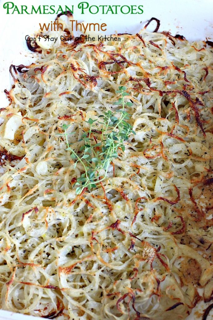 Parmesan Potatoes with Thyme | Can't Stay Out of the Kitchen | These adorable #potatoes are a fantastic side dish for any occasion. Quick & easy, too. #parmesancheese #glutenfree