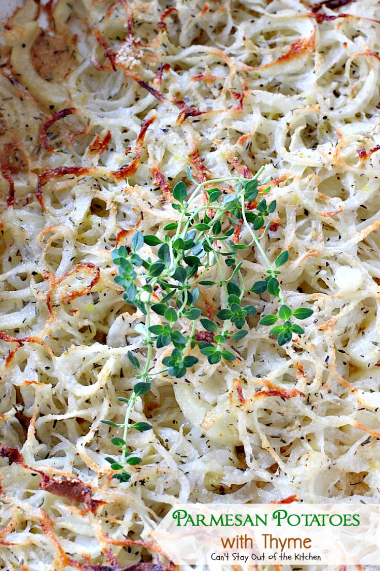 Parmesan Potatoes with Thyme | Can't Stay Out of the Kitchen | These adorable #potatoes are a fantastic side dish for any occasion. Quick & easy, too. #parmesancheese #glutenfree