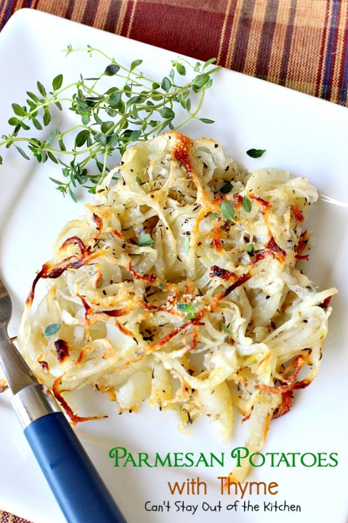 Parmesan Potatoes with Thyme | Can't Stay Out of the Kitchen | These adorable #potatoes are a fantastic side dish for any occasion. Quick & easy, too. #parmesancheese #glutenfree