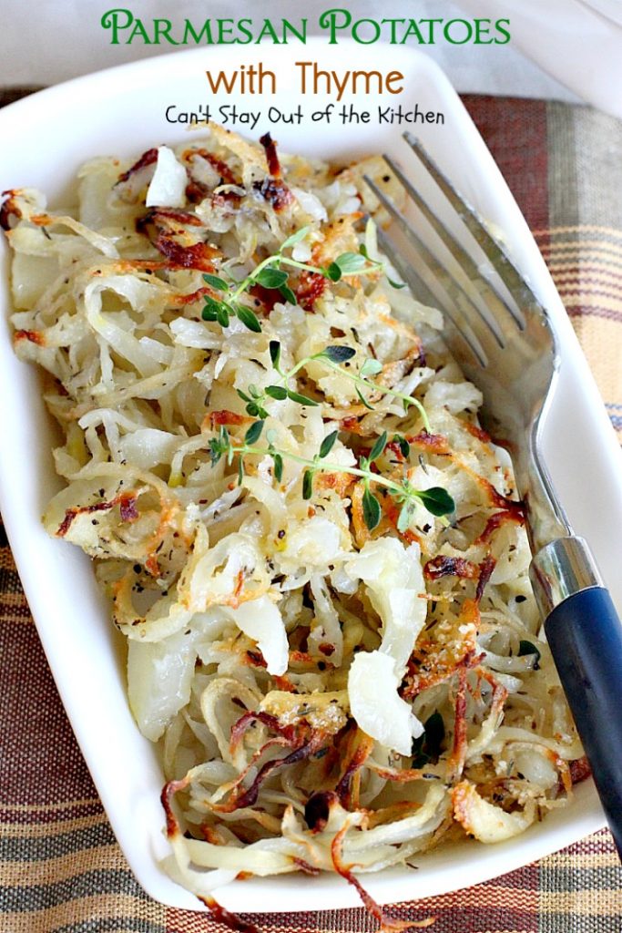 Parmesan Potatoes with Thyme | Can't Stay Out of the Kitchen | These adorable #potatoes are a fantastic side dish for any occasion. Quick & easy, too. #parmesancheese #glutenfree