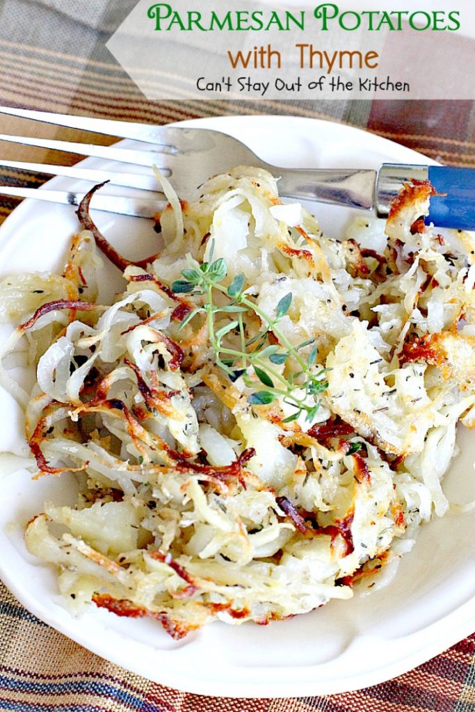 Parmesan Potatoes with Thyme | Can't Stay Out of the Kitchen | These adorable #potatoes are a fantastic side dish for any occasion. Quick & easy, too. #parmesancheese #glutenfree