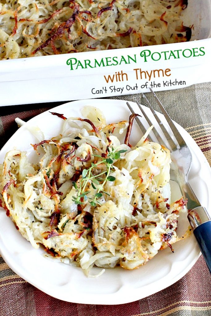 Parmesan Potatoes with Thyme | Can't Stay Out of the Kitchen | These adorable #potatoes are a fantastic side dish for any occasion. Quick & easy, too. #parmesancheese #glutenfree