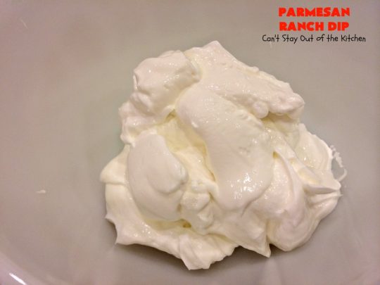 Parmesan Ranch Dip | Can't Stay Out of the Kitchen | This fantastic #appetizer is terrific for #tailgating parties & potlucks. We like to serve it before large company or #holiday meals to hold off appetites until the meal is ready! #EasyAppetizer #RanchDressingMix #ParmesanCheese #RanchDip #recipe #DipAndChips #ParmesanRanchDip
