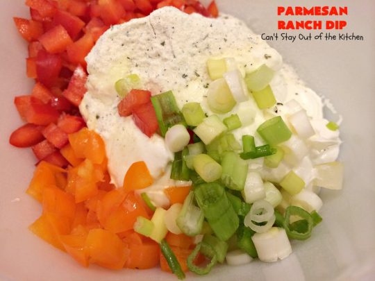 Parmesan Ranch Dip | Can't Stay Out of the Kitchen | This fantastic #appetizer is terrific for #tailgating parties & potlucks. We like to serve it before large company or #holiday meals to hold off appetites until the meal is ready! #EasyAppetizer #RanchDressingMix #ParmesanCheese #RanchDip #recipe #DipAndChips #ParmesanRanchDip