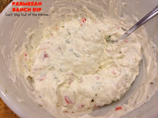 Parmesan Ranch Dip | Can't Stay Out of the Kitchen | This fantastic #appetizer is terrific for #tailgating parties & potlucks. We like to serve it before large company or #holiday meals to hold off appetites until the meal is ready! #EasyAppetizer #RanchDressingMix #ParmesanCheese #RanchDip #recipe #DipAndChips #ParmesanRanchDip