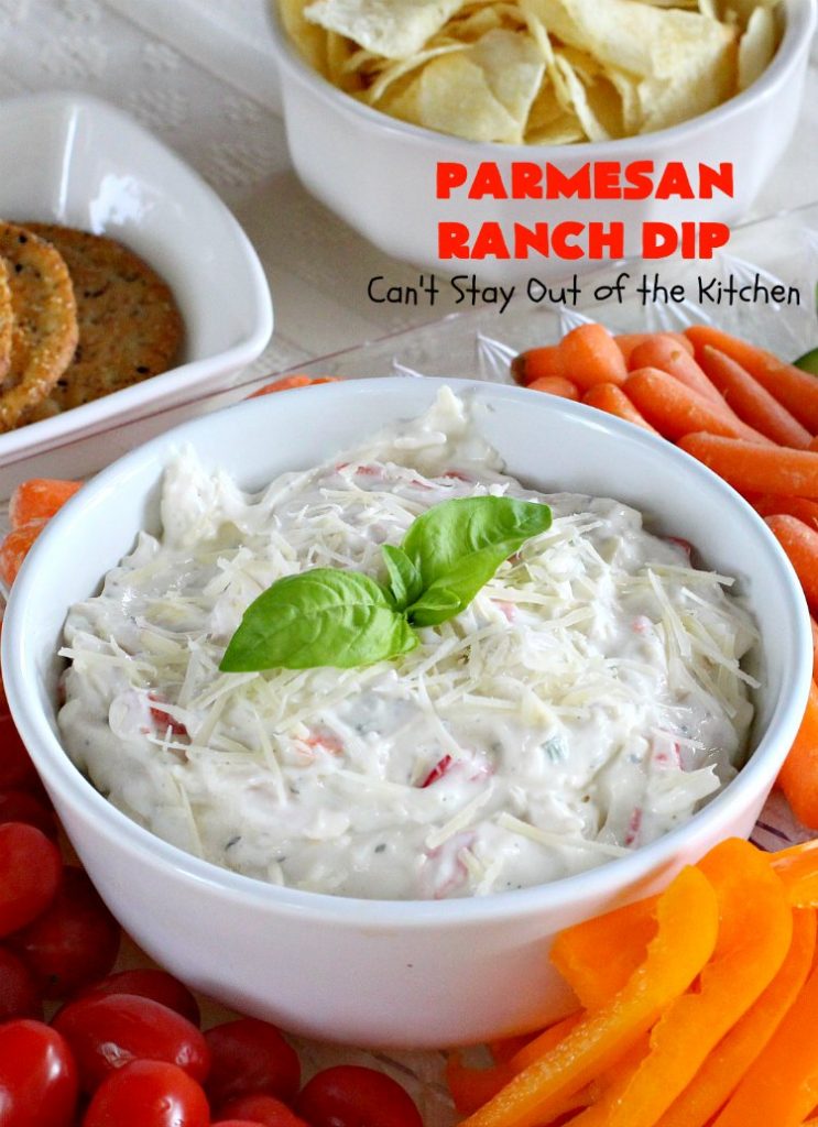 Parmesan Ranch Dip | Can't Stay Out of the Kitchen | This fantastic #appetizer is terrific for #tailgating parties & potlucks. We like to serve it before large company or #holiday meals to hold off appetites until the meal is ready! #EasyAppetizer #RanchDressingMix #ParmesanCheese #RanchDip #recipe #DipAndChips #ParmesanRanchDip