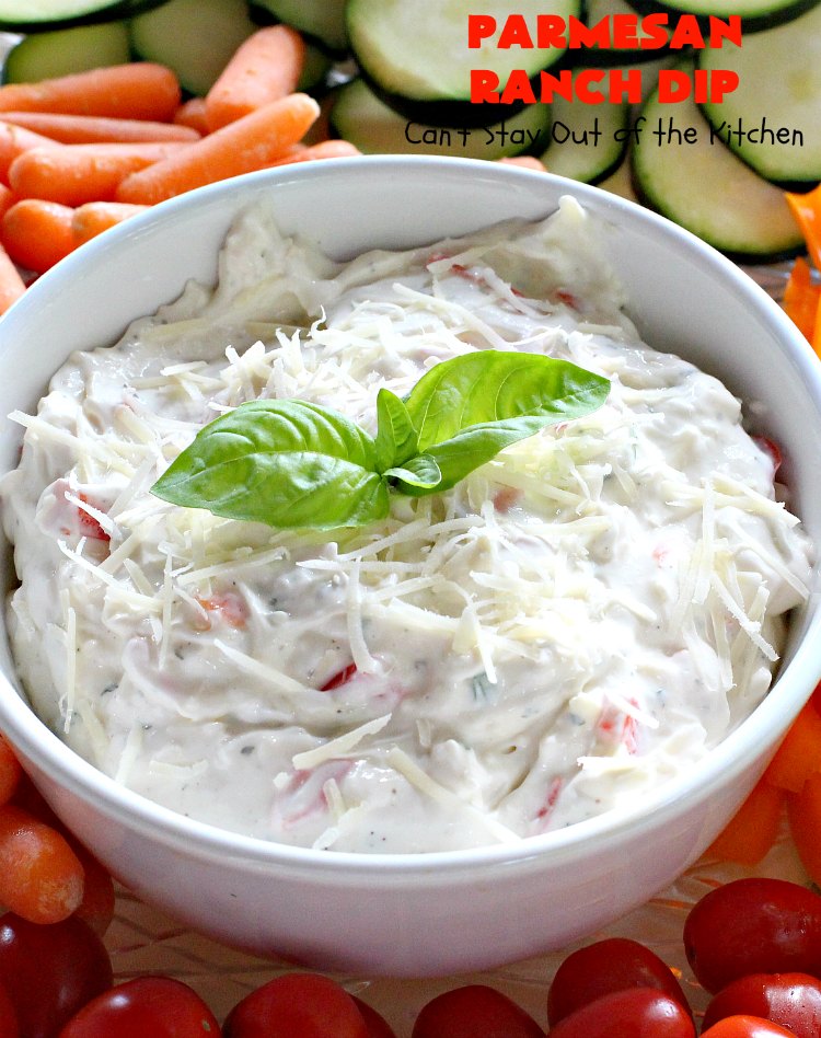 Parmesan Ranch Dip | Can't Stay Out of the Kitchen | This fantastic #appetizer is terrific for #tailgating parties & potlucks. We like to serve it before large company or #holiday meals to hold off appetites until the meal is ready! #EasyAppetizer #RanchDressingMix #ParmesanCheese #RanchDip #recipe #DipAndChips #ParmesanRanchDip