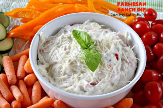 Parmesan Ranch Dip | Can't Stay Out of the Kitchen | This fantastic #appetizer is terrific for #tailgating parties & potlucks. We like to serve it before large company or #holiday meals to hold off appetites until the meal is ready! #EasyAppetizer #RanchDressingMix #ParmesanCheese #RanchDip #recipe #DipAndChips #ParmesanRanchDip
