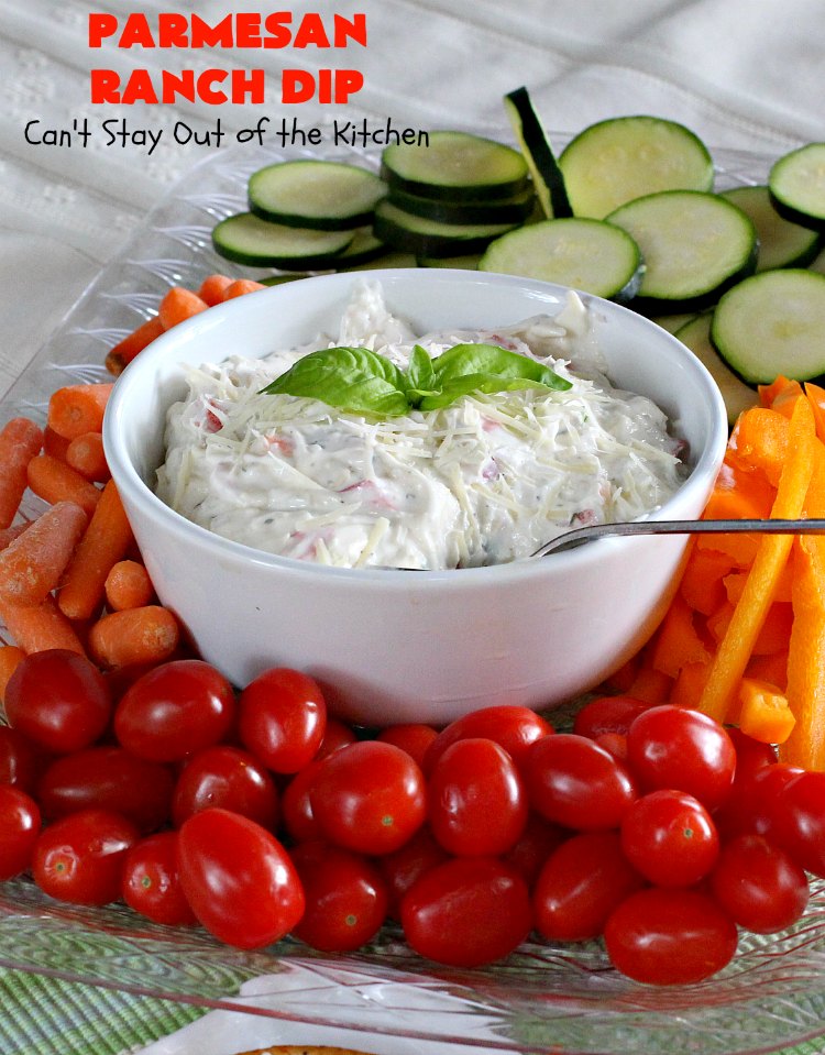 Parmesan Ranch Dip | Can't Stay Out of the Kitchen | This fantastic #appetizer is terrific for #tailgating parties & potlucks. We like to serve it before large company or #holiday meals to hold off appetites until the meal is ready! #EasyAppetizer #RanchDressingMix #ParmesanCheese #RanchDip #recipe #DipAndChips #ParmesanRanchDip