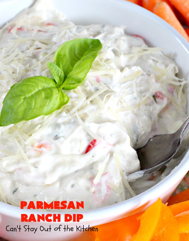 Parmesan Ranch Dip | Can't Stay Out of the Kitchen | This fantastic #appetizer is terrific for #tailgating parties & potlucks. We like to serve it before large company or #holiday meals to hold off appetites until the meal is ready! #EasyAppetizer #RanchDressingMix #ParmesanCheese #RanchDip #recipe #DipAndChips #ParmesanRanchDip