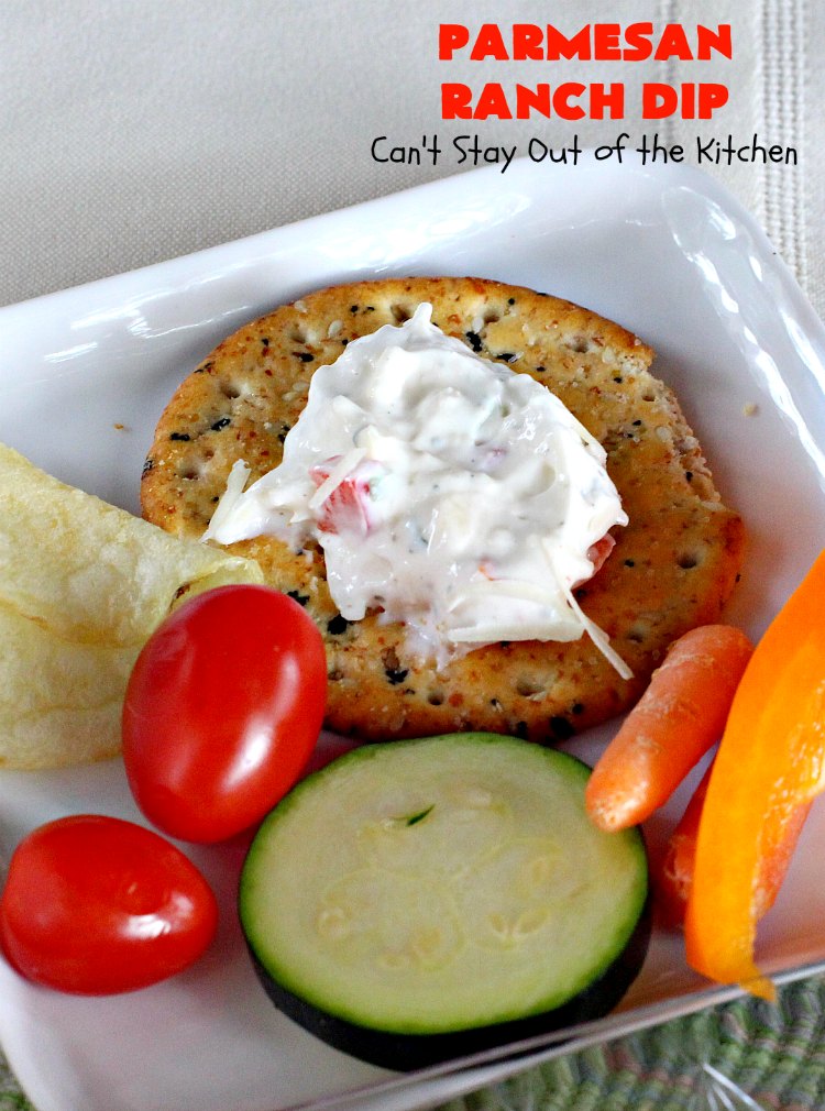 Parmesan Ranch Dip | Can't Stay Out of the Kitchen | This fantastic #appetizer is terrific for #tailgating parties & potlucks. We like to serve it before large company or #holiday meals to hold off appetites until the meal is ready! #EasyAppetizer #RanchDressingMix #ParmesanCheese #RanchDip #recipe #DipAndChips #ParmesanRanchDip
