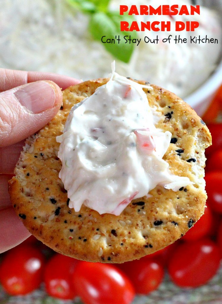 Parmesan Ranch Dip | Can't Stay Out of the Kitchen | This fantastic #appetizer is terrific for #tailgating parties & potlucks. We like to serve it before large company or #holiday meals to hold off appetites until the meal is ready! #EasyAppetizer #RanchDressingMix #ParmesanCheese #RanchDip #recipe #DipAndChips #ParmesanRanchDip