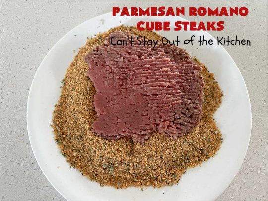 Parmesan Romano Cube Steaks | Can't Stay Out of the Kitchen | #ParmesanRomanoCubeSteaks is a great way to enjoy #CubeSteaks for dinner. This easy entree is oven ready in about 5 minutes. It's wonderful for weeknight dinners when you're short on time. This tasty #beef entree includes both #Parmesan & #Romano cheese along with several herbs to spice it up. #GlutenFree