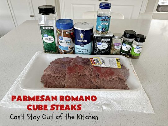 Parmesan Romano Cube Steaks | Can't Stay Out of the Kitchen | #ParmesanRomanoCubeSteaks is a great way to enjoy #CubeSteaks for dinner. This easy entree is oven ready in about 5 minutes. It's wonderful for weeknight dinners when you're short on time. This tasty #beef entree includes both #Parmesan & #Romano cheese along with several herbs to spice it up. #GlutenFree