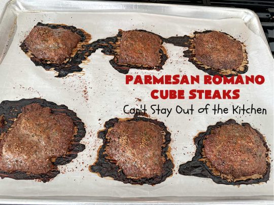 Parmesan Romano Cube Steaks | Can't Stay Out of the Kitchen | #ParmesanRomanoCubeSteaks is a great way to enjoy #CubeSteaks for dinner. This easy entree is oven ready in about 5 minutes. It's wonderful for weeknight dinners when you're short on time. This tasty #beef entree includes both #Parmesan & #Romano cheese along with several herbs to spice it up. #GlutenFree