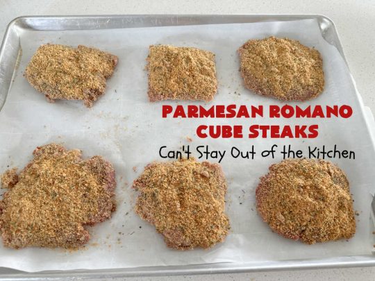 Parmesan Romano Cube Steaks | Can't Stay Out of the Kitchen | #ParmesanRomanoCubeSteaks is a great way to enjoy #CubeSteaks for dinner. This easy entree is oven ready in about 5 minutes. It's wonderful for weeknight dinners when you're short on time. This tasty #beef entree includes both #Parmesan & #Romano cheese along with several herbs to spice it up. #GlutenFree