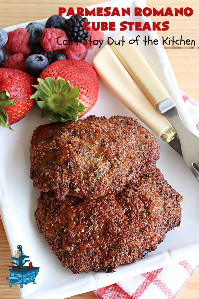 Parmesan Romano Cube Steaks | Can't Stay Out of the Kitchen | #ParmesanRomanoCubeSteaks is a great way to enjoy #CubeSteaks for dinner. This easy entree is oven ready in about 5 minutes. It's wonderful for weeknight dinners when you're short on time. This tasty #beef entree includes both #Parmesan & #Romano cheese along with several herbs to spice it up. #GlutenFree