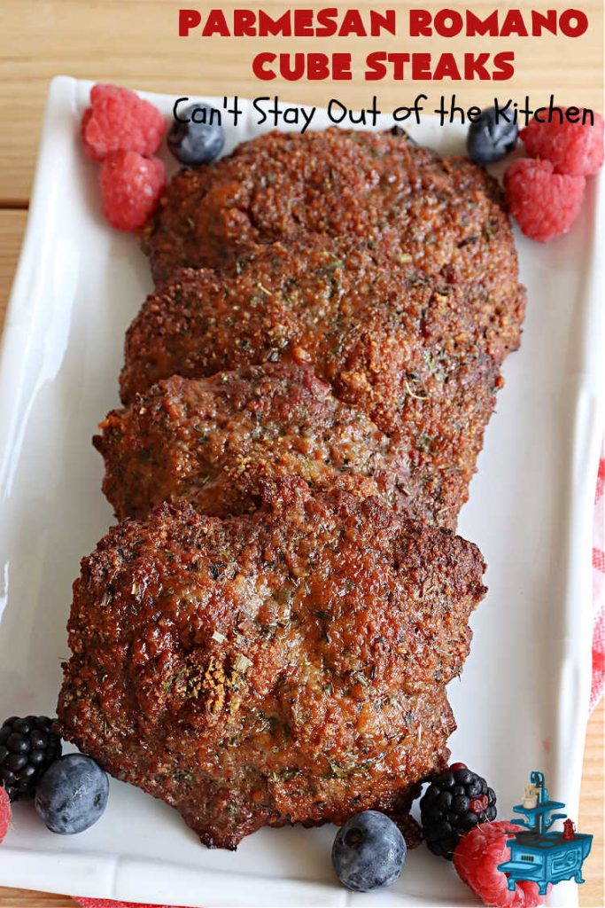 Parmesan Romano Cube Steaks | Can't Stay Out of the Kitchen | #ParmesanRomanoCubeSteaks is a great way to enjoy #CubeSteaks for dinner. This easy entree is oven ready in about 5 minutes. It's wonderful for weeknight dinners when you're short on time. This tasty #beef entree includes both #Parmesan & #Romano cheese along with several herbs to spice it up. #GlutenFree