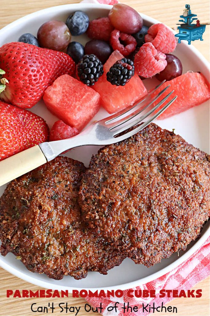 Parmesan Romano Cube Steaks | Can't Stay Out of the Kitchen | #ParmesanRomanoCubeSteaks is a great way to enjoy #CubeSteaks for dinner. This easy entree is oven ready in about 5 minutes. It's wonderful for weeknight dinners when you're short on time. This tasty #beef entree includes both #Parmesan & #Romano cheese along with several herbs to spice it up. #GlutenFree
