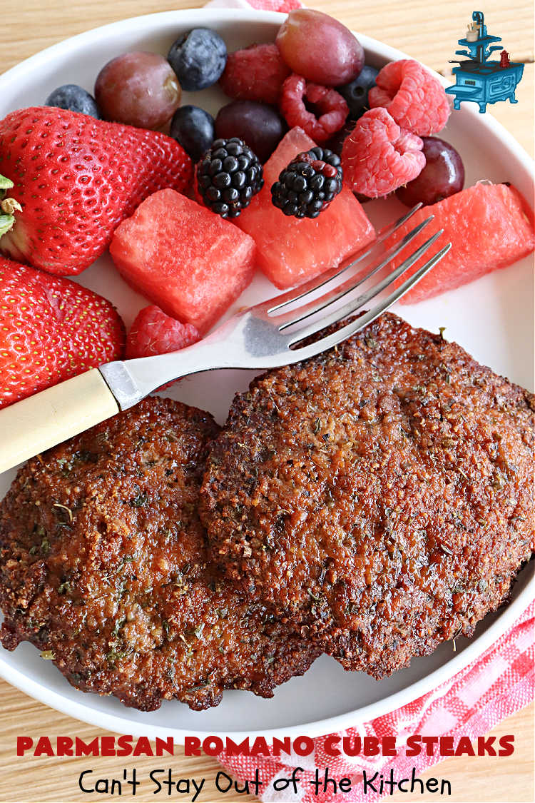 Parmesan Romano Cube Steaks | Can't Stay Out of the Kitchen | #ParmesanRomanoCubeSteaks is a great way to enjoy #CubeSteaks for dinner. This easy entree is oven ready in about 5 minutes. It's wonderful for weeknight dinners when you're short on time. This tasty #beef entree includes both #Parmesan & #Romano cheese along with several herbs to spice it up. #GlutenFree