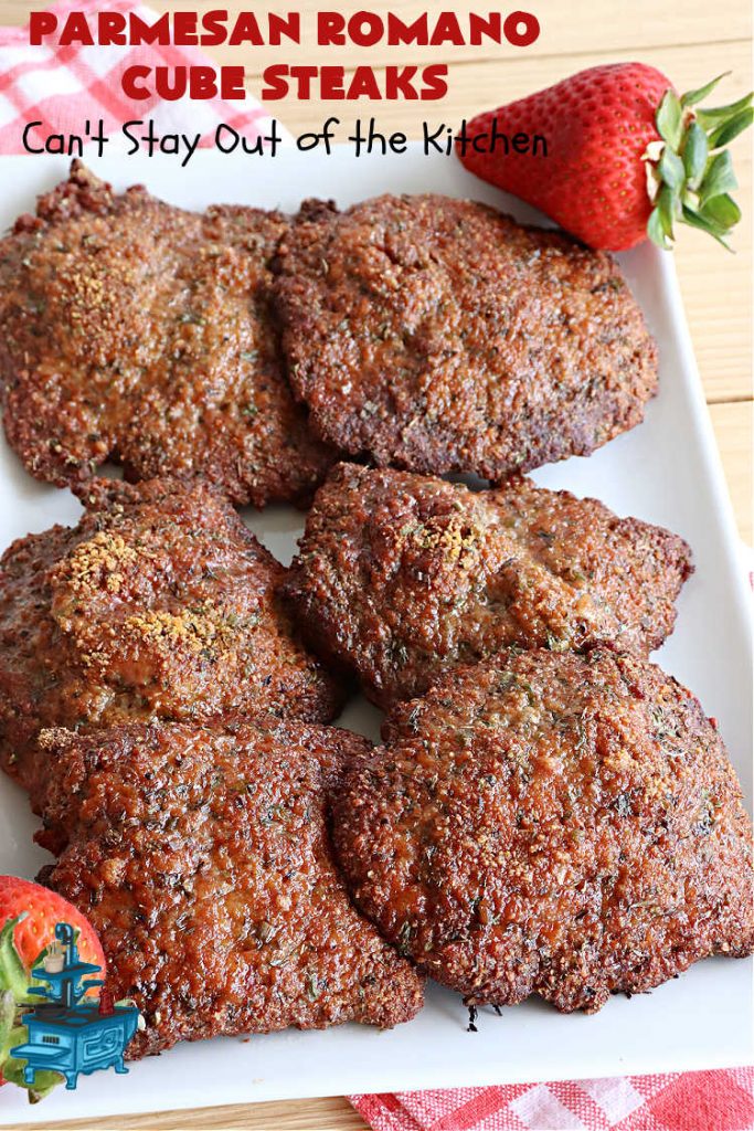 Parmesan Romano Cube Steaks | Can't Stay Out of the Kitchen | #ParmesanRomanoCubeSteaks is a great way to enjoy #CubeSteaks for dinner. This easy entree is oven ready in about 5 minutes. It's wonderful for weeknight dinners when you're short on time. This tasty #beef entree includes both #Parmesan & #Romano cheese along with several herbs to spice it up. #GlutenFree