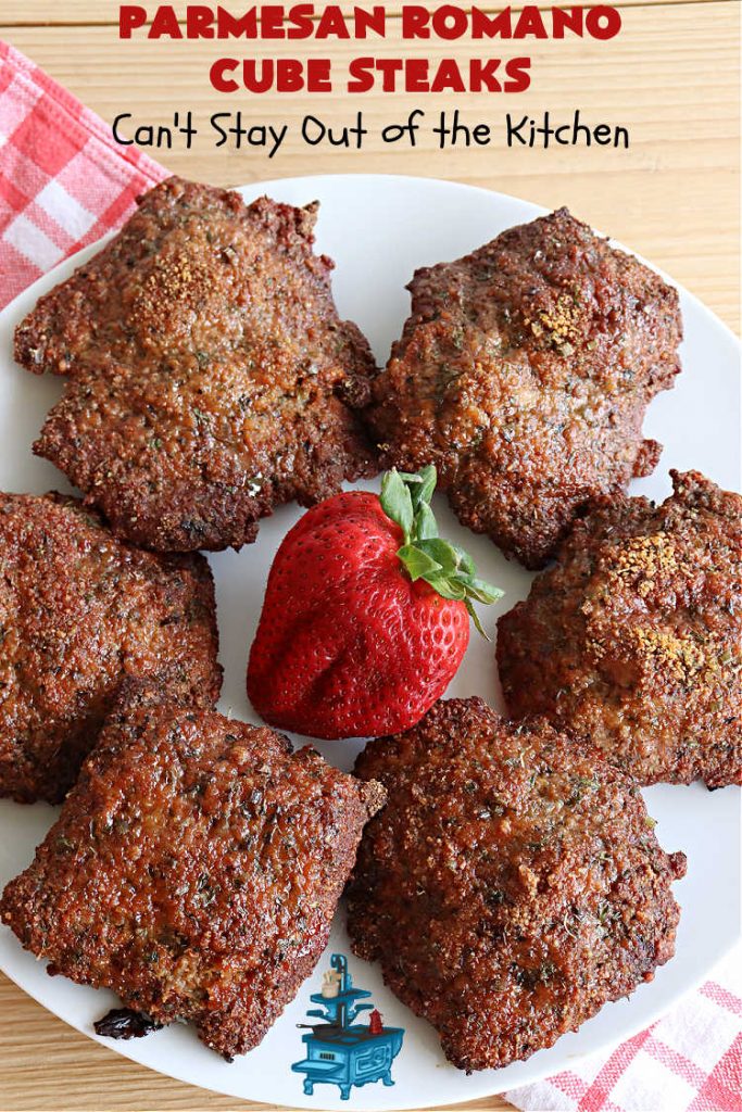 Parmesan Romano Cube Steaks | Can't Stay Out of the Kitchen | #ParmesanRomanoCubeSteaks is a great way to enjoy #CubeSteaks for dinner. This easy entree is oven ready in about 5 minutes. It's wonderful for weeknight dinners when you're short on time. This tasty #beef entree includes both #Parmesan & #Romano cheese along with several herbs to spice it up. #GlutenFree