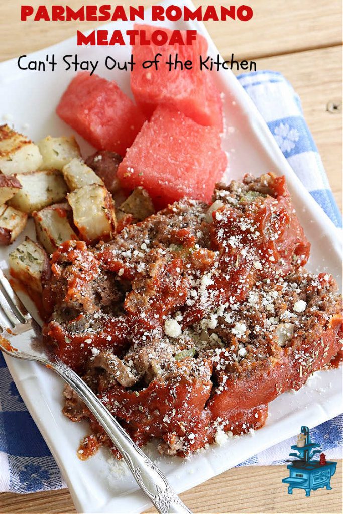 Parmesan Romano Meatloaf | Can't Stay Out of the Kitchen | this tasty #Italian-style #meatloaf uses grated #Parmesan & #Romano #cheese to bind together. It's a #healthy, delicious & #GlutenFree alternative to regular meatloaf. #PizzaSauce & #ItalianSeasoning on top causes this entree to pop in flavor. If you enjoy meatloaf, you'll love this version for weeknight dinners. #beef #GroundBeef #ParmesanRomanoMeatloaf
